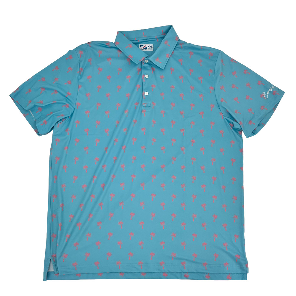 Bermies Mens 2XL Polo Shirt Blue Palm Tree‎ Short Sleeve Athletic Performance